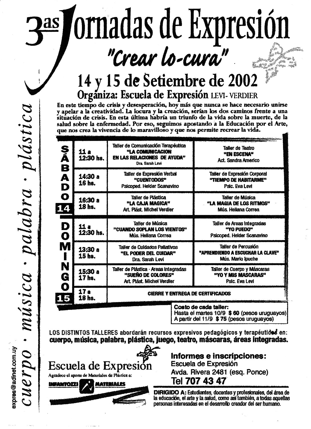 Programa de las 3as Jornadas de Expresión “Crear lo-cura”, Escuela de Expresión, Montevideo, 14 y 15 de setiembre de 2002