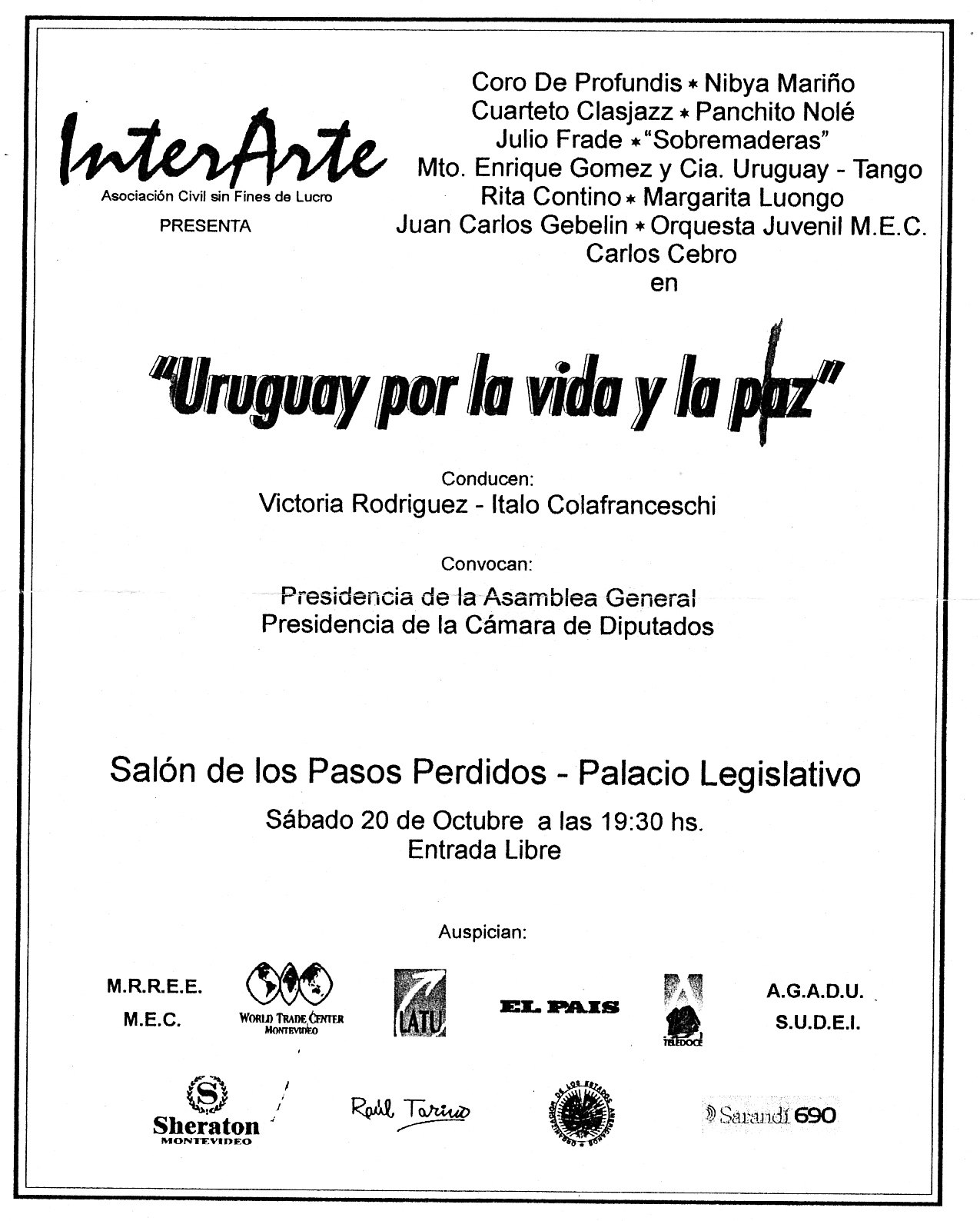 Programa del espectáculo “Uruguay por la vida y la paz”, Salón de los Pasos Perdidos, Palacio Legislativo, Montevideo, 20 de octubre de 2001